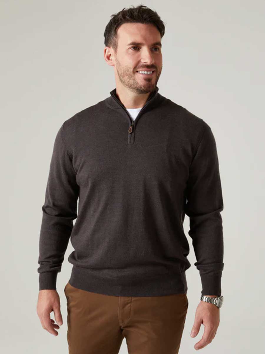 ALAN PAINE Barton 1/4 Zip Merino Wool Sweater - Mens - Dark Brown - Image 4