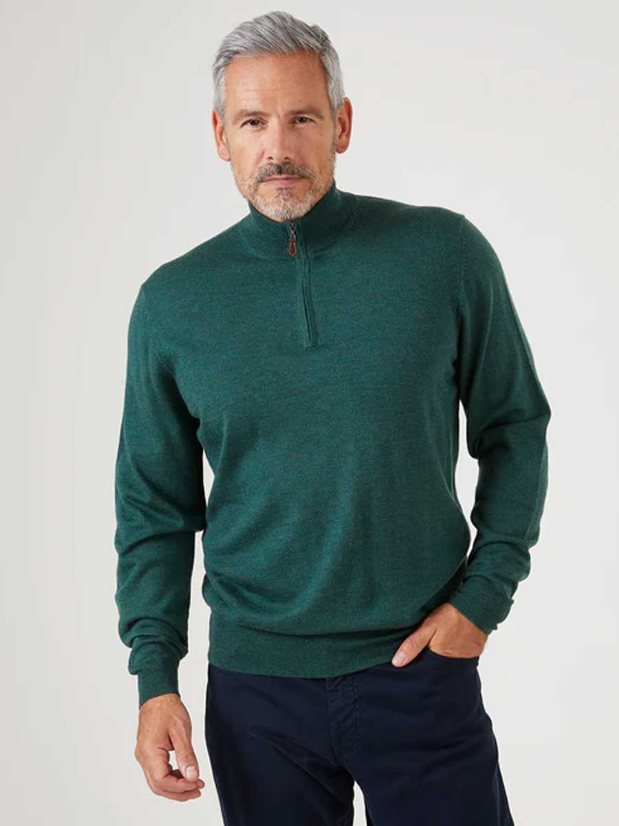 ALAN PAINE Barton 1/4 Zip Merino Wool Sweater - Mens - Hunter - Image 2