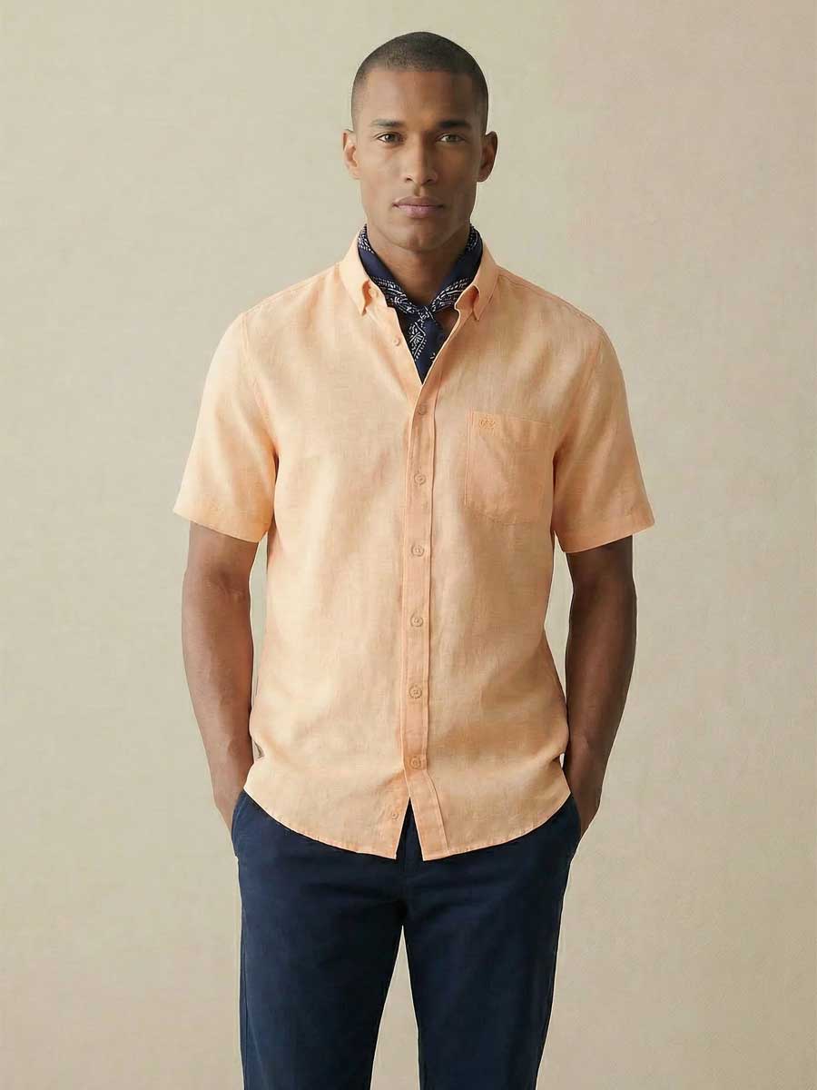 FYNCH HATTON Pure Linen Short-Sleeve Shirt - Men's – Tangerine - Image 2