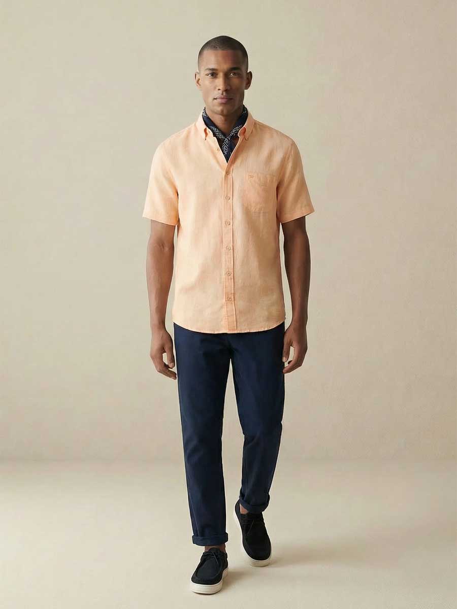 FYNCH HATTON Pure Linen Short-Sleeve Shirt - Men's – Tangerine - Image 4