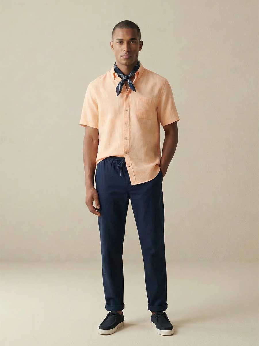FYNCH HATTON Pure Linen Short-Sleeve Shirt - Men's – Tangerine - Image 5